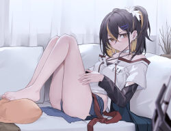 Rule 34 | 1girl, absurdres, barefoot, black hair, blush, couch, feet, highres, long hair, looking at viewer, multicolored hair, nana (thrud: broken heaven), panties, pantyshot, streaked hair, thrud: broken heaven, toes, twintails, underwear, yellow eyes