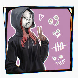 Rule 34 | 1girl, black hoodie, border, broken mask, choker, commentary request, dead by daylight, highres, hood, hood up, hoodie, long hair, long sleeves, mask, outline, pink background, red hair, solo, straw like, the legion (dead by daylight), translation request, upper body, v, white border, white outline