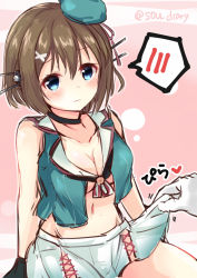 Rule 34 | 1girl, aqua skirt, bare shoulders, beret, blue eyes, blush, breasts, brown hair, cleavage, closed mouth, clothes lift, gloves, hair between eyes, hair ornament, hairclip, hat, heart, kantai collection, looking at viewer, maya (kancolle), medium breasts, miniskirt, navel, obi spin, short hair, sitting, skirt, skirt lift, solo, solo focus, sou (soutennkouchi), spoken blush, wavy mouth, white gloves