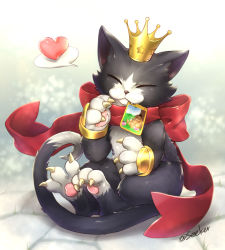 Rule 34 | animal focus, black cat, bracelet, card in mouth, cat, closed mouth, commentary request, crown, eddga, fang, full body, heart, jewelry, mouth hold, no humans, ragnarok online, red scarf, rouko605, scarf, signature, spoken heart, wildrose
