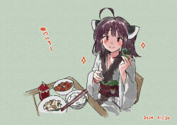 Rule 34 | 1girl, ahoge, blush, bowl, brown eyes, brown hair, chair, chopsticks, closed mouth, dated, food, food request, green background, headgear, holding, japanese clothes, kimono, lamb (hitsujiniku), long sleeves, looking at viewer, obi, on chair, plate, sash, simple background, smile, solo, sparkle, table, touhoku kiritan, translation request, two side up, upper body, voiceroid, white kimono, wide sleeves