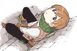 Rule 34 | 1boy, black eyes, black pants, blush, brown footwear, brown hair, brown vest, chilchuck tims, commentary request, dungeon meshi, from above, full body, green scarf, long sleeves, looking at viewer, male focus, moss, nakanakacxy, outdoors, pants, scarf, shirt, short hair, sitting, solo, upside-down, vest, white shirt