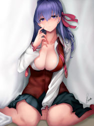Rule 34 | 1girl, bad id, bad pixiv id, between legs, blush, breasts, cleavage, collared shirt, dress, fate/stay night, fate (series), hair ribbon, hand between legs, hand up, highres, large breasts, long hair, long sleeves, looking at viewer, loose neckwear, matou sakura, neck ribbon, open mouth, partially unbuttoned, piukute062, purple eyes, purple hair, red ribbon, red vest, ribbon, school uniform, shirt, signature, sitting, solo, undone neck ribbon, vest, wariza, white shirt