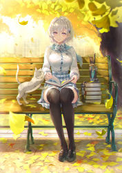 Rule 34 | 1girl, absurdres, animal, aqua sailor collar, bench, black footwear, blush, book, book stack, bow, bowtie, braid, breasts, brown thighhighs, cat, closed mouth, day, falling leaves, full body, glasses, hair ornament, highres, holding, large breasts, leaf, long sleeves, looking at viewer, open book, original, outdoors, plaid, plaid bow, plaid bowtie, plaid skirt, purple eyes, sailor collar, school uniform, shirt, shirt tucked in, shoes, short hair, sidelocks, sitting, skirt, solo, taut clothes, taut shirt, tel-o, thighhighs, tree, white hair, x hair ornament, zettai ryouiki