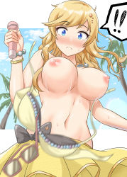 Rule 34 | !, !!, 1girl, absurdres, bangs, bikini, bikini top removed, blonde hair, blue eyes, blush, bracelet, breasts, closed mouth, commentary request, day, eyebrows visible through hair, eyewear removed, from below, frown, hair ornament, highres, holding, holding microphone, idolmaster, idolmaster cinderella girls, jewelry, large breasts, long hair, looking at viewer, microphone, navel, necklace, nipples, ootsuki yui, outdoors, palm tree, skirt, solo, spoken exclamation mark, stomach, sunglasses, sweatdrop, swimsuit, topless, tree, wardrobe malfunction, yellow bikini, yellow skirt, zhi (papercraft8559)