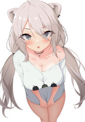 Rule 34 | 1girl, absurdres, ahoge, animal ears, bare shoulders, between breasts, blush, breasts, chestnut mouth, choker, cleavage, clothes between breasts, clothes tug, collarbone, from above, grey eyes, grey hair, hair between eyes, highres, hololive, hukigen dadada, large breasts, leaning forward, lion ears, lion girl, long hair, loose clothes, loose shirt, naked shirt, open mouth, shirt, shirt slip, shirt tug, shishiro botan, shishiro botan (casual), simple background, swept bangs, t-shirt, thick eyelashes, twintails, v arms, very long hair, virtual youtuber, white background