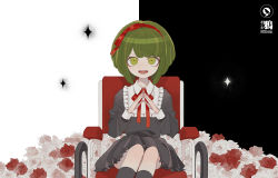 Rule 34 | 1girl, black background, black dress, black footwear, bow, child, danganronpa (series), danganronpa another episode: ultra despair girls, dress, feet out of frame, flower, full body, green eyes, green hair, hairband, headband, highres, knees together feet apart, looking at viewer, multicolored background, neck ribbon, open mouth, pleated dress, red bow, red chair, red flower, red hairband, red headband, red headwear, red ribbon, red rose, ribbon, rose, simple background, sitting, star (sky), swastika, teeth, towa monaca, upper teeth only, wheelchair, white flower, white rose