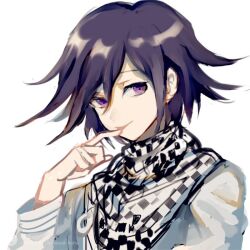 Rule 34 | 1boy, artist name, black hair, bowknot huhu, checkered clothes, checkered scarf, closed mouth, danganronpa (series), danganronpa v3: killing harmony, grey jacket, hair between eyes, hand up, jacket, licking, licking finger, looking at viewer, male focus, oma kokichi, purple eyes, scarf, simple background, smile, solo, tongue, tongue out, white background