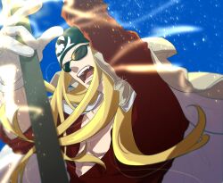 Rule 34 | 1boy, absurdres, black-framed eyewear, blonde hair, commentary request, gloves, hat, highres, holding, holding weapon, limejuice (one piece), long hair, male focus, one piece, open mouth, outdoors, signature, solo, sunglasses, teeth, weapon, white gloves, yu t1214