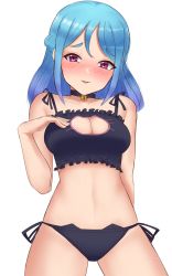 Rule 34 | 1girl, aikatsu! (series), aikatsu friends!, bare shoulders, bell, black bra, black choker, black panties, blue hair, blush, bra, breasts, cat cutout, cat ear panties, cat lingerie, choker, cleavage cutout, clothing cutout, commentary request, cowboy shot, darkside ochinpo burst, embarrassed, frilled bra, frills, hand on own chest, highres, jingle bell, large breasts, light smile, lingerie, looking at viewer, meme attire, midriff, minato mio, neck bell, no navel, nose blush, open mouth, panties, purple eyes, purple hair, short hair, side-tie panties, simple background, sketch, solo, spaghetti strap, stomach, underwear, underwear only, white background