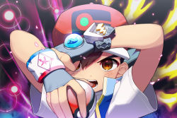 Rule 34 | 1boy, absurdres, ash ketchum, blue jacket, bracelet, brown eyes, child, colaoud, commentary request, creatures (company), dynamax band, fingerless gloves, game freak, gloves, grey gloves, hat, highres, holding, holding poke ball, jacket, jewelry, korean commentary, male focus, mega stone, nintendo, open mouth, poke ball, poke ball (basic), pokemon, pokemon (anime), pokemon journeys, red hat, shirt, short hair, short sleeves, sleeveless, sleeveless jacket, solo, t-shirt, teeth, tongue, upper body, white shirt, z-ring