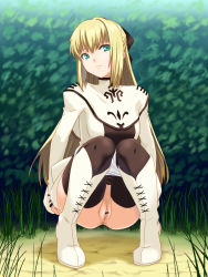 Rule 34 | 1girl, :&lt;, anus, aqua eyes, blonde hair, boots, bow, censored, cyrille (shining force exa), female pubic hair, grass, hair bow, have to pee, highres, hou (hachiyou), knee boots, long hair, panties, panty pull, pubic hair, pussy, sega, shining (series), shining force exa, solo, squatting, sweatdrop, underwear