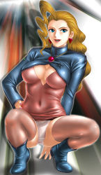 Rule 34 | 1990s (style), 1girl, bird, blonde hair, blue eyes, breasts, cleavage, cleavage cutout, clothing cutout, green eyes, happy, highres, large breasts, long hair, looking at viewer, navel, no bra, open mouth, panties, pantyshot, retro artstyle, shiny clothes, skin tight, smile, solo, spread legs, squatting, swan, swan white, thighhighs, toten (der fuhrer), underwear, white panties, yuusha ou gaogaigar, yuusha series, zettai ryouiki