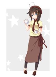 Rule 34 | 1girl, ahoge, alternate costume, blue eyes, blush, brown hair, coffee mug, commentary request, cup, full body, gomano rio, grey background, hair flaps, hat, kantai collection, long hair, looking at viewer, mug, pigeon-toed, shigure (kancolle), shigure kai ni (kancolle), smile, solo, standing, teapot, two-tone background, white background
