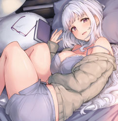 Rule 34 | 1girl, blush, book, bra, breasts, cleavage, commentary request, unworn eyewear, glasses, grey shorts, highres, indie virtual youtuber, jacket, large breasts, long hair, looking at viewer, lying, mi2mi2 minmi, mole, mole under eye, off shoulder, on side, open clothes, open jacket, parted lips, pillow, purple bra, purple eyes, short shorts, shorts, simple background, solo, underwear, virtual youtuber, white hair, yomi tsumugiha