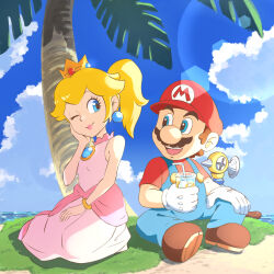Rule 34 | 1boy, 1girl, breasts, crown, day, dress, drink, earrings, f.l.u.d.d., facial hair, gem, gloves, grin, hat, highres, jewelry, lipstick, looking at another, makeup, mario, mario (series), mustache, nintendo, overalls, palm tree, pink dress, ponytail, princess peach, sitting, small breasts, smile, super mario sunshine, tree, water, ya mari 6363