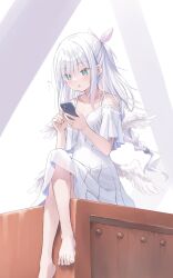 Rule 34 | 1girl, :o, angel, angel wings, aqua eyes, bare legs, bare shoulders, barefoot, blush, bow, braid, cellphone, collarbone, commentary request, crossed legs, dress, feathered wings, feet, full body, hair bow, highres, holding, holding phone, long hair, looking at phone, low wings, mini wings, na-ga, off-shoulder dress, off shoulder, open mouth, original, phone, sidelocks, sitting, smartphone, solo, toes, translation request, white dress, white hair, white wings, wings