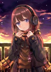 Rule 34 | 1girl, bag charm, black coat, blue eyes, blush, briefcase, brown hair, brown scarf, brown sweater, charm (object), closed mouth, cloud, coat, commentary, english commentary, fringe trim, grey skirt, hands up, head tilt, headphones, highres, long hair, open clothes, open coat, original, outdoors, plaid, plaid scarf, plaid skirt, pleated skirt, revision, scarf, school briefcase, school uniform, seero, skirt, sky, sleeves past wrists, smile, snowing, solo, stuffed animal, stuffed rabbit, stuffed toy, sunset, sweater, upper body