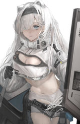 Rule 34 | 1girl, absurdres, arknights, aurora (arknights), bag, bear, belt, black gloves, black hairband, blue eyes, breasts, cleavage, cowboy shot, crop top, extra ears, gloves, grey shorts, hair over one eye, hairband, highres, holding, holding shield, large breasts, long hair, long sleeves, looking at viewer, navel, okayannosuke, parted lips, puffy long sleeves, puffy sleeves, shield, short shorts, shorts, shoulder bag, simple background, solo, stomach, thigh gap, unzipped, white background, white gloves