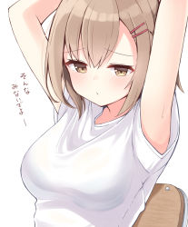 Rule 34 | 1girl, arms behind head, arms up, blush, breasts, brown eyes, brown hair, chair, closed mouth, hair between eyes, hair ornament, hairclip, looking at viewer, medium breasts, ominaeshi (takenoko), on chair, original, shirt, short sleeves, simple background, solo, translation request, upper body, white background, white shirt