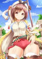 Rule 34 | &gt;:), 1girl, arm up, atelier (series), atelier ryza, atelier ryza 1, bare shoulders, belt, belt buckle, beret, black ribbon, blue belt, blue sky, blush, breasts, brown belt, brown eyes, brown hair, buckle, closed mouth, cloud, cloudy sky, collarbone, commentary request, cowboy shot, day, flask, gluteal fold, hat, highres, jacket, jewelry, large breasts, long sleeves, necklace, open clothes, open jacket, outdoors, puffy long sleeves, puffy sleeves, red shorts, reisalin stout, ribbon, round-bottom flask, shirt, short shorts, shorts, sky, sleeveless, sleeveless jacket, smile, solo, star (symbol), star necklace, thighhighs, v-shaped eyebrows, vial, white hat, white shirt, white thighhighs, xenon (for achieve), yellow jacket