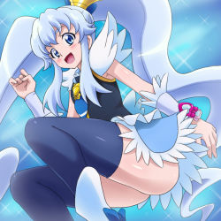 Rule 34 | 10s, 1girl, armpits, arms up, ass, black thighhighs, blue eyes, blue hair, blue skirt, blue thighhighs, brooch, character name, crown, cure princess, female focus, hair ornament, happinesscharge precure!, heart, heart brooch, long hair, looking at viewer, magical girl, mameshiba (pixiv 59310), matching hair/eyes, mini crown, open mouth, precure, shirayuki hime, skirt, smile, solo, thighhighs, twintails, wrist cuffs