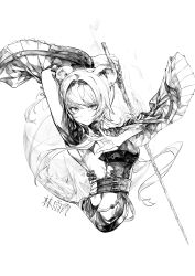 1girl absurdres arknights arm_up breasts character_request commentary commentary_request cropped_torso greyscale hair_intakes hasukurira highres long-sleeves looking_at_viewer medium_breasts medium_hair monochrome solo sword weapon wide_sleeves