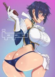 Rule 34 | 1girl, ass, blue hair, blush, breasts, butt crack, ear piercing, earrings, gloves, gun, high-cut armor (persona), highres, huge breasts, ippo, jewelry, large breasts, panties, persona, persona 4, piercing, shirogane naoto, short hair, solo, underwear, weapon