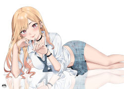 Rule 34 | 1girl, black choker, blonde hair, choker, closed mouth, collared shirt, colored tips, ear piercing, earrings, fake nails, gyaru, hievasp, highres, holding, holding pencil, jewelry, kitagawa marin, legs, lips, looking at viewer, loose necktie, lying, microskirt, midriff, multicolored hair, nail polish, navel, necktie, on side, pencil, piercing, pink nails, plaid, plaid skirt, pleated skirt, red eyes, reflection, ring, school uniform, shirt, simple background, skirt, smile, solo, sono bisque doll wa koi wo suru, thighs, tied shirt, white background, white shirt, wristband