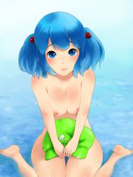 Rule 34 | 1girl, barefoot, blue eyes, blue hair, breasts, covering privates, covering crotch, female focus, hair bobbles, hair ornament, hat, unworn hat, unworn headwear, highres, kawashiro nitori, large breasts, lips, looking at viewer, matching hair/eyes, nipples, nude, nude cover, sakushin, short hair, sitting, solo, touhou, twintails, two side up, v arms, wariza, water