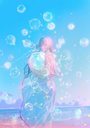 Rule 34 | 1girl, air bubble, artist name, beach, blue sky, bubble, cloud, earrings, green eyes, hair between eyes, highres, holding crystal, illumi999, jewelry, long hair, long skirt, long sleeves, looking at viewer, open mouth, original, sand, signature, skirt, sky, solo, water, white hair