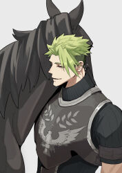 Rule 34 | 1boy, achilles (fate), animal, animal ears, animal hug, arm at side, armor, black horse, black shirt, brown eyes, fate/apocrypha, fate (series), green hair, grey background, haruakira, highres, horse, looking ahead, male focus, muscular, muscular male, no humans, ribbed shirt, shirt, short hair, short sleeves, simple background, solo, undercut