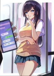 Rule 34 | 1girl, 1other, arm under breasts, black hair, blue eyes, blush, breasts, cellphone, commentary request, finger to mouth, hair between eyes, hair ornament, hairclip, highres, holding, holding phone, index finger raised, large breasts, line (naver), long hair, looking at viewer, miniskirt, original, parted lips, phone, pleated skirt, pov, rad hamamatsu, school uniform, short sleeves, skirt, smartphone, smile, straight hair, sweater vest, text messaging, train interior