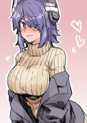 Rule 34 | 1girl, absurdres, blush, bra visible through clothes, breasts, brown eyes, closed mouth, eyepatch, headgear, heart, highres, kantai collection, large breasts, long sleeves, purple hair, ribbed sweater, short hair, solo, sweater, tadd (tatd), tenryuu (kancolle), turtleneck, turtleneck sweater, upper body