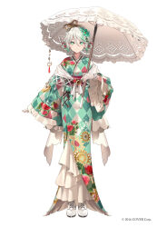 1girl boots cecilia_immergreen cecilia_immergreen_(new_year) commentary commentary_request cross-laced_footwear double-parted_bangs double_bun dsmile english_commentary floral_print floral_print_kimono flower frilled_gloves frilled_kimono frills full_body gloves gradient_hair green_eyes green_hair green_kimono grey_hair hair_between_eyes hair_bun hair_flower hair_ornament highres holding holding_umbrella hololive hololive_english japanese_clothes kimono lace lace-trimmed_kimono lace-up_boots lace_trim layered_kimono multicolored_hair obi official_alternate_costume official_alternate_hairstyle official_art parasol red_sash sash short_hair simple_background solo tachi-e umbrella virtual_youtuber white_background white_footwear white_gloves white_umbrella wide_sleeves winding_key