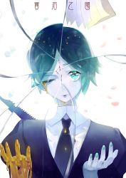 Rule 34 | 1other, androgynous, clipboard, commentary request, crack, cracked glass, cracked skin, crying, crystal hair, falling petals, g li, gem uniform (houseki no kuni), gold, golden arms, green eyes, green hair, green nails, highres, houseki no kuni, japanese saw, light particles, looking at viewer, molten metal, nail polish, necktie, open mouth, paper, parted lips, petals, phosphophyllite, saw, short hair, solo, sparkle, tears, translation request, white background
