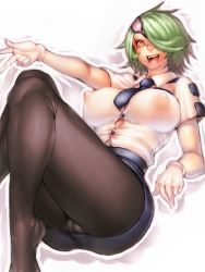 Rule 34 | 1girl, blush, breasts, bursting breasts, cameltoe, center opening, cleavage, covered erect nipples, crossed legs, eyepatch, fumio (rsqkr), gloves, green hair, hair over one eye, impossible clothes, impossible shirt, large breasts, legs, lying, miniskirt, necktie, open mouth, otonashi kiruko, pantyhose, pencil skirt, police, police uniform, red eyes, shinmai fukei kiruko-san, shirt, short hair, simple background, sitting, skirt, solo, straining buttons, thighs, uniform, upskirt, v