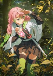 Rule 34 | 1girl, absurdres, black skirt, blurry, braid, branch, breasts, censored, center opening, closed mouth, dappled sunlight, day, demon slayer uniform, depth of field, dress shirt, feet out of frame, green eyes, green hair, green thighhighs, hair over shoulder, hands up, haori, highres, jacket, japanese clothes, kanroji mitsuri, kimetsu no yaiba, leaf, leaning forward, light particles, long hair, long sleeves, looking away, looking to the side, medium breasts, miniskirt, multicolored hair, nature, outdoors, partially unbuttoned, pink hair, pleated skirt, shading eyes, shirt, skirt, smile, solo, standing, stone lantern, sunlight, sword, thighhighs, tree, ttyttytty, twin braids, two-tone hair, weapon, white jacket, white shirt, zettai ryouiki