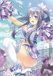 Rule 34 | 1girl, ;3, ;d, aimori meguru, arm up, blue skirt, blue sky, blurry, blush, breasts, cheerleader, cloud, cloudy sky, commentary request, crop top, crop top overhang, day, depth of field, fence, floating hair, frilled thighhighs, frills, from side, grey hair, hair between eyes, hair ornament, hairclip, hand up, heart, heart hair ornament, highres, holding, knee up, large breasts, long hair, looking at viewer, md5 mismatch, moe2017, motion blur, no panties, one eye closed, open mouth, original, outdoors, pom pom (cheerleading), ponytail, purple eyes, revision, skirt, sky, smile, solo, thighhighs, thighs, white thighhighs