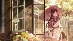 Rule 34 | absurdres, bag, beret, blurry, blurry background, bow, bowtie, branch, brown hair, building, coat, commentary request, cowboy shot, dappled sunlight, dress, flower, hat, highres, holding, holding bag, holding umbrella, idolmaster, idolmaster shiny colors, lamppost, leaf, long hair, looking at viewer, odecono3, open window, osaki amana, outdoors, parasol, scenery, suitcase, sunlight, tree, umbrella, vase, watering can, window, yellow eyes