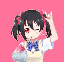 Rule 34 | 1girl, black hair, blush, bow, closed mouth, food, hair bow, linda b, looking at viewer, love live!, love live! school idol project, one eye closed, pink background, pink bow, pink eyes, shaved ice, short sleeves, simple background, smile, solo, spoon, upper body, utensil in mouth, yazawa nico