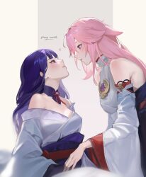 Rule 34 | 2girls, animal ears, artist name, bare shoulders, blush, closed mouth, detached sleeves, from side, genshin impact, hair between eyes, heart, highres, japanese clothes, kimono, long hair, long sleeves, looking at another, meltargentum, multiple girls, parted lips, pink hair, purple eyes, purple hair, raiden shogun, sidelocks, smile, upper body, wide sleeves, yae miko, yuri