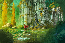 Rule 34 | 1other, anato finnstark, artist name, cape, commentary, crown, day, english commentary, forest, from side, grass, highres, moss, nature, original, outdoors, red cape, rock, ruins, scenery, sword, tree, weapon