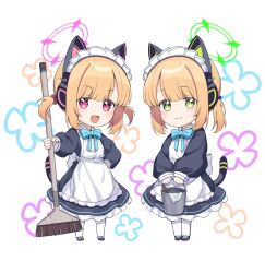 Rule 34 | 2girls, alternate costume, animal ear headphones, animal ears, apron, black dress, black footwear, blonde hair, blue archive, blue bow, blue ribbon, blush, bow, bucket, cat tail, dress, fake animal ears, fake tail, full body, green eyes, hair bow, headphones, highres, holding, holding bucket, long sleeves, maid, maid headdress, midori (blue archive), midori (maid) (blue archive), momoi (blue archive), momoi (maid) (blue archive), multiple girls, neck ribbon, official alternate costume, open mouth, pantyhose, red bow, red eyes, ribbon, shan (ti0n), shoes, short hair, siblings, simple background, sisters, smile, tail, twins, white apron, white background, white pantyhose