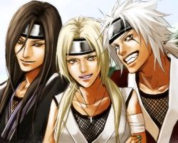 Rule 34 | 1girl, 2boys, aged down, blonde hair, blue background, breasts, brown hair, closed mouth, collarbone, facial mark, fishnets, forehead protector, grin, hair between eyes, headband, japanese clothes, jewelry, jiraiya (naruto), lily (artist), long hair, looking at another, looking at viewer, low ponytail, low twintails, lowres, multiple boys, nail polish, naruto, naruto (series), orochimaru (naruto), outdoors, parted bangs, pendant, simple background, sky, smile, spiked hair, teeth, tsunade (naruto), twintails, upper body, white hair