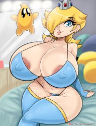Rule 34 | 1girl, bed, blonde hair, blue eyes, blue gloves, bmayyne, breasts, covered erect nipples, crown, elbow gloves, female focus, fingerless gloves, gloves, hair over one eye, highres, large breasts, long hair, luma (mario), mario (series), nintendo, on bed, partially undressed, rosalina, sitting, solo, super mario galaxy, thighhighs