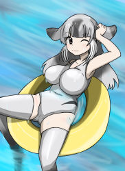 Rule 34 | 10s, bare arms, bare shoulders, bearded seal (kemono friends), blush, fins, grey hair, innertube, kemono friends, long hair, multicolored hair, one-piece swimsuit, one eye closed, solo, swim ring, swimsuit, thighhighs, user rrrm2784, water drop