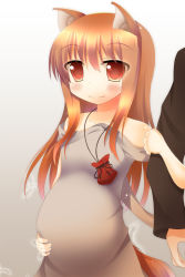 Rule 34 | 1boy, 1girl, animal ears, bad id, bad pixiv id, bare shoulders, blush, brown hair, couple, craft lawrence, dress, fang, gradient background, hand on own stomach, height difference, holo, long hair, ponpon (tosico), pregnant, red eyes, smile, solo focus, spice and wolf, tail, wolf ears, wolf tail