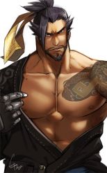 Rule 34 | 1boy, abs, bandaid, bandaid on cheek, bandaid on face, bara, bare pectorals, beard, black hair, bulge, cyphers, damian doyle (cyphers), dark-skinned male, dark skin, facial hair, frown, gomtang, large pectorals, male focus, male pubic hair, mature male, muscular, muscular male, navel, navel hair, nipples, overwatch, overwatch 1, pectoral cleavage, pectorals, penis, pubic hair, short hair, shoulder tattoo, sideburns, sidepec, solo, stomach, stubble, tattoo, thick thighs, thighs, third-party source