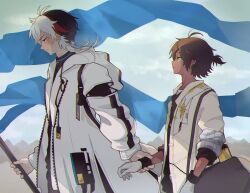 Rule 34 | 2boys, ahoge, arknights, arouni22, bag, black hair, black shirt, blue sky, blush, brown coat, coat, commentary, earclip, elysium (arknights), embarrassed, feather hair, flag, from side, gloves, grey eyes, holding, holding another&#039;s wrist, holding flag, hood, hooded coat, long sleeves, looking at another, looking up, mountainous horizon, multicolored hair, multiple boys, outdoors, profile, red hair, shirt, short ponytail, sky, sleeves rolled up, streaked hair, thorns (arknights), undershirt, white coat, white gloves, white hair, yaoi, yellow eyes